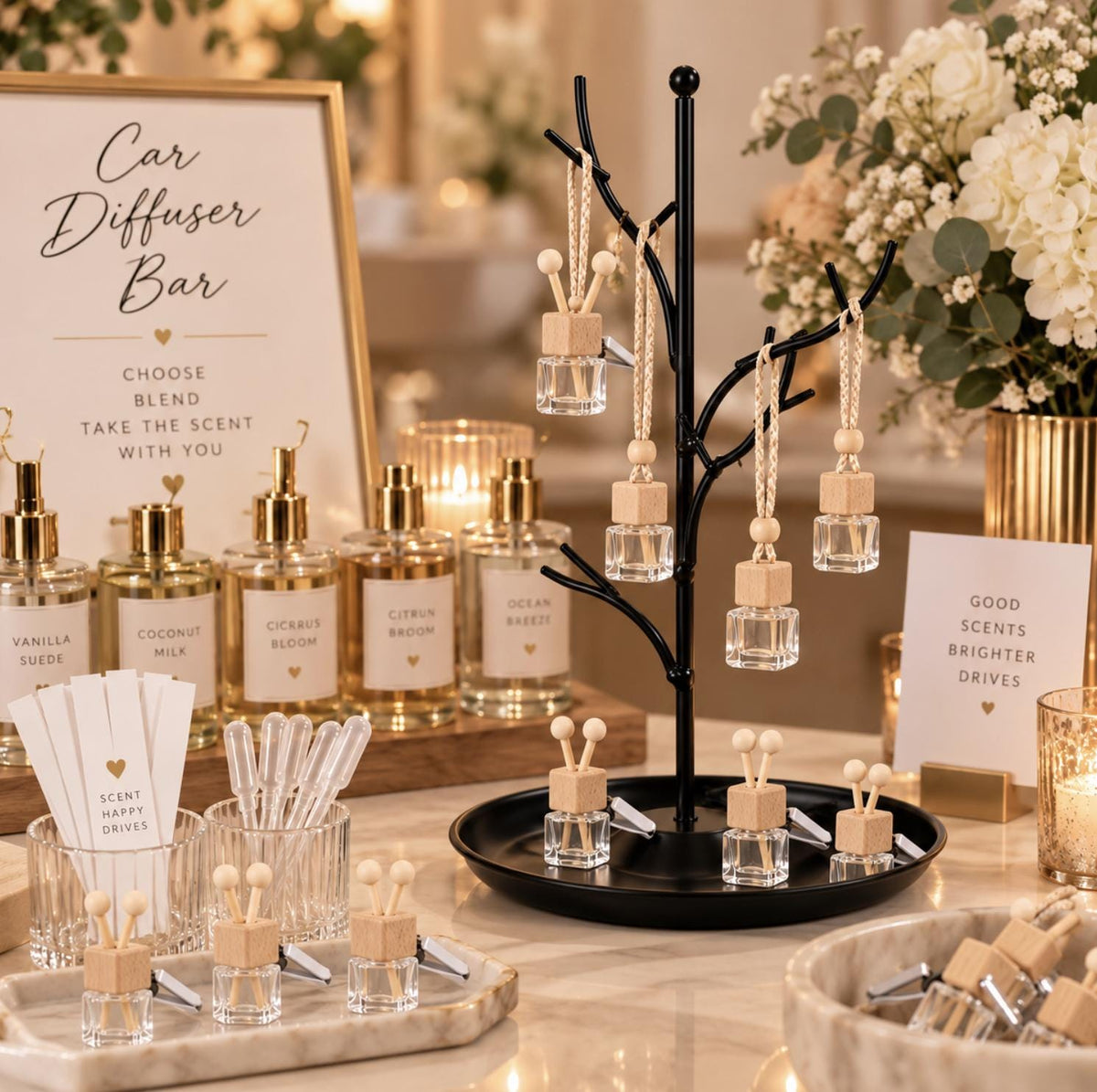 Gold Tree Bottle Display Stand – Hanging Favor Display for Car Diffuser Bar Kits