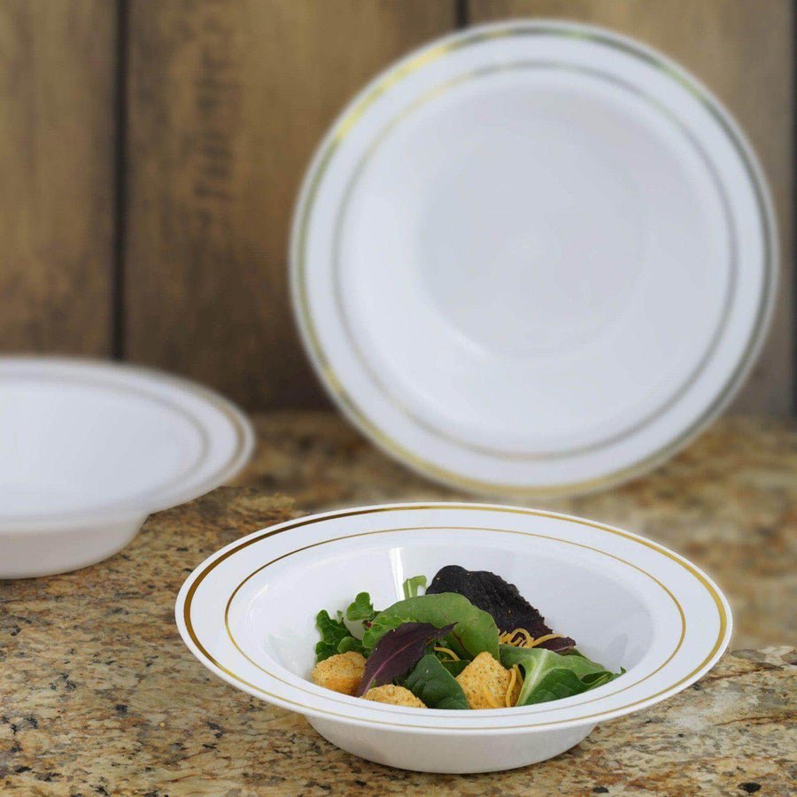 20 - Pack Regal Clear Plastic Dessert & Salad Bowls with Gold Rim – 12oz Disposable Party Serving Bowls for Weddings, Banquets & Events - Pretty Party Boxx