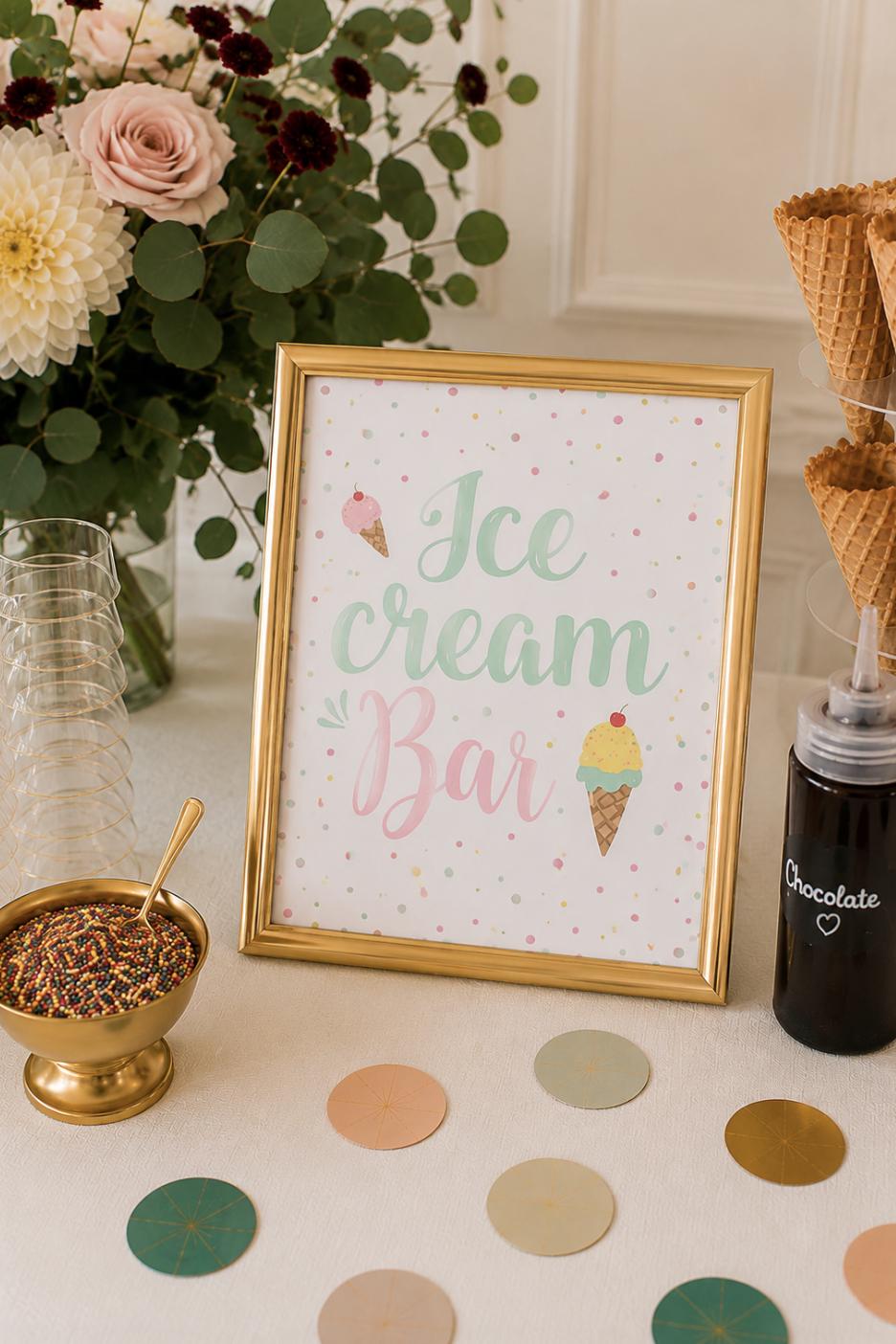 Ice cream bar party decor for baby showers, birthdays and celebrations with toppings, cones and serving supplies
