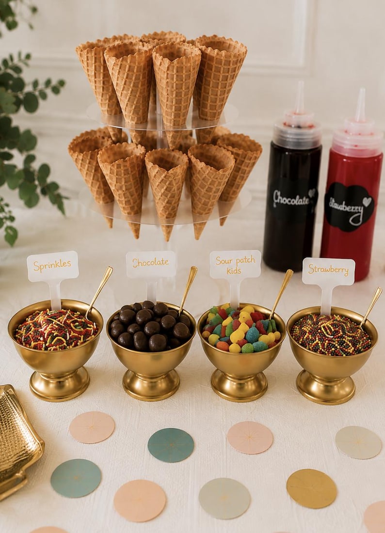 Ice cream bar kit for 24 guests with serving accessories, cone holder, topping dishes and party decorations
