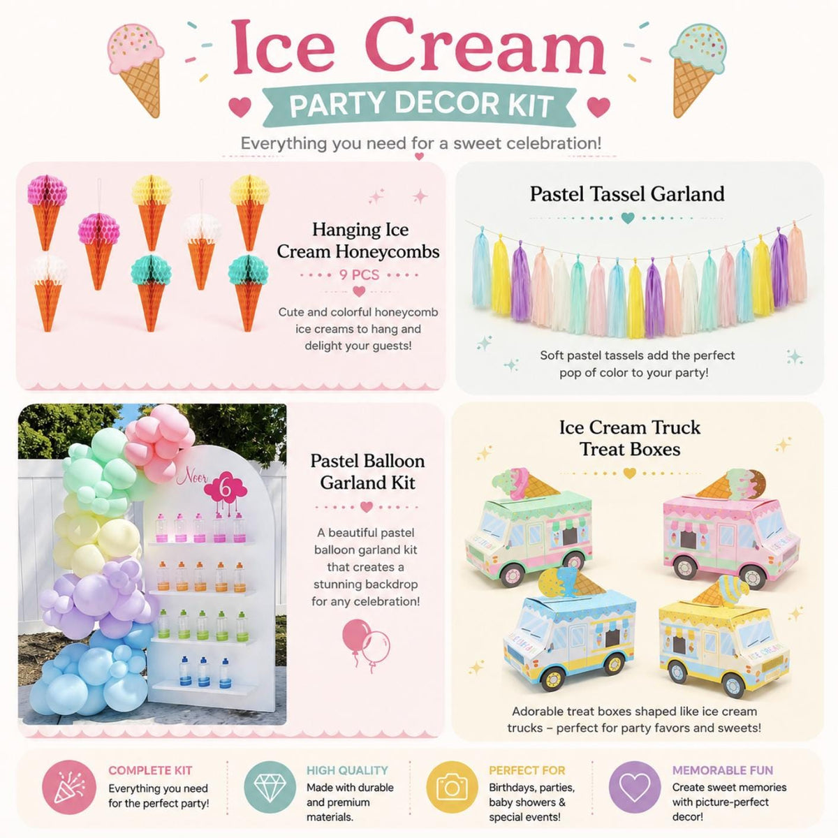 Ice Cream Party Decor Kit – Pastel Balloon Garland & Ice Cream Cone Birthday Decorations