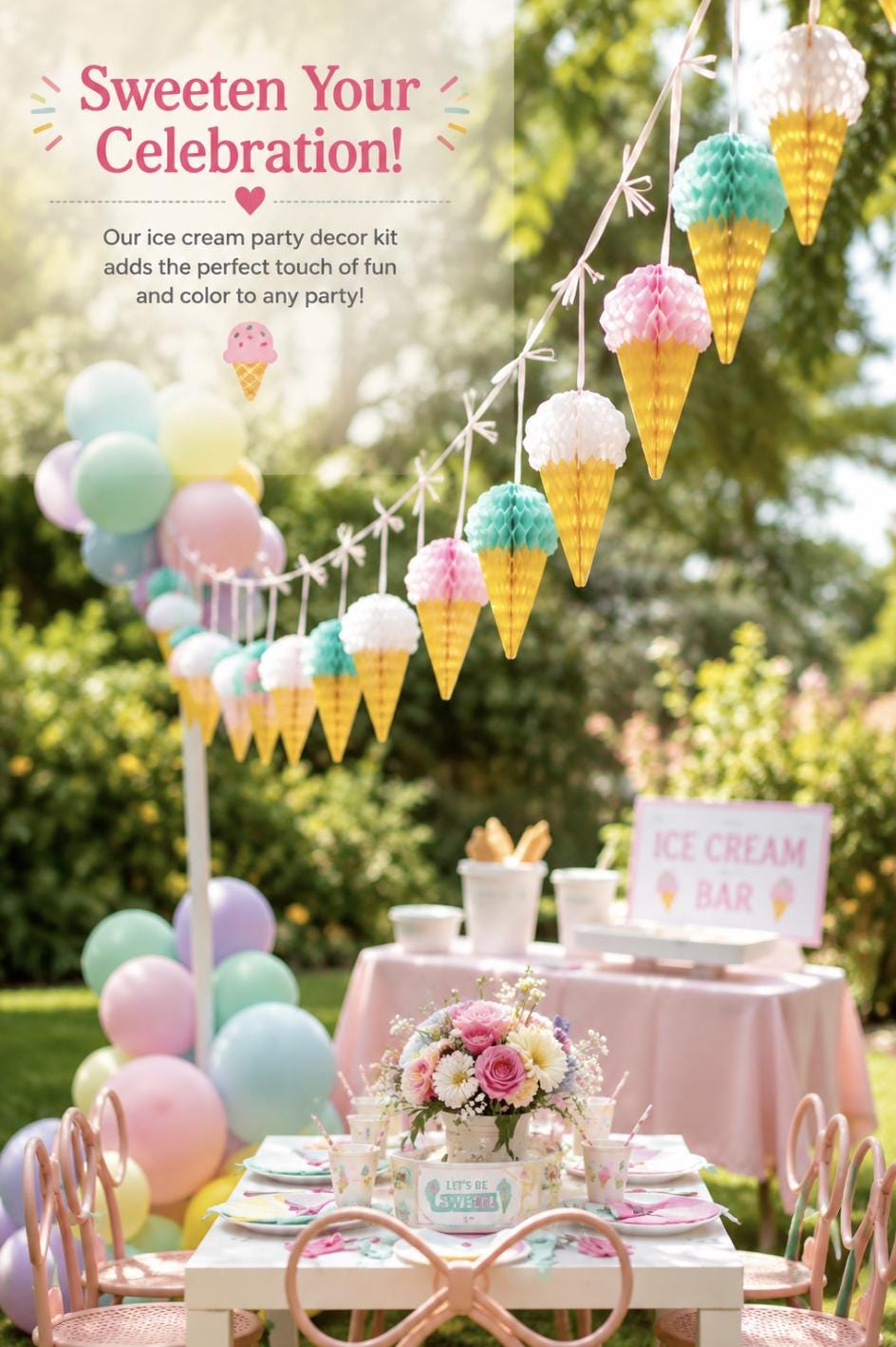Ice Cream Party Decor Kit – Pastel Balloon Garland & Ice Cream Cone Birthday Decorations