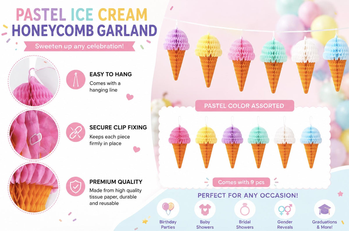 Ice Cream Party Decor Kit – Pastel Balloon Garland & Ice Cream Cone Birthday Decorations