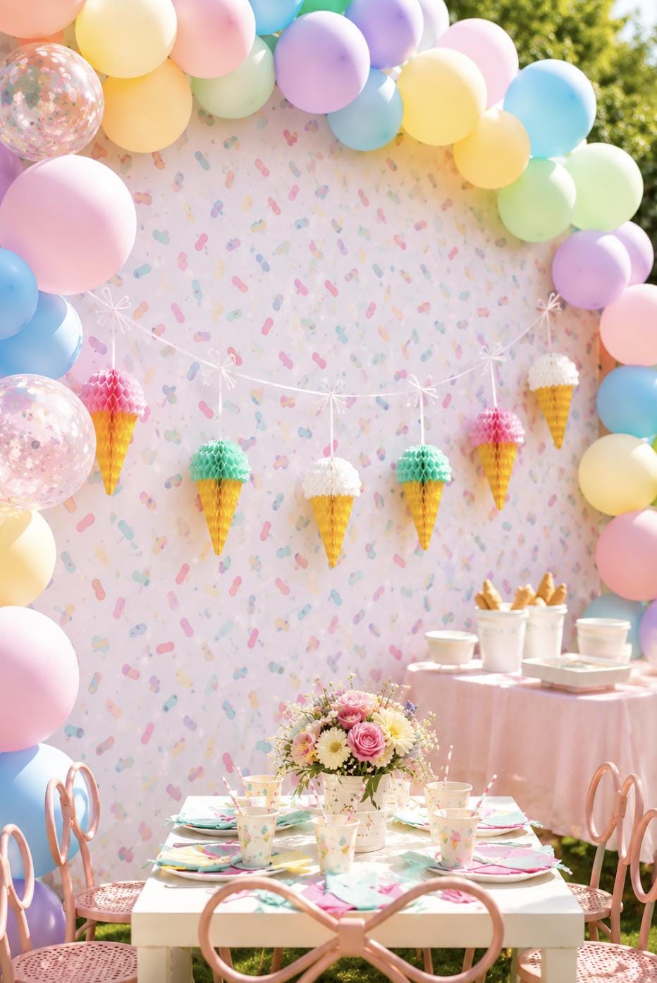 Ice Cream Party Decor Kit – Pastel Balloon Garland & Ice Cream Cone Birthday Decorations