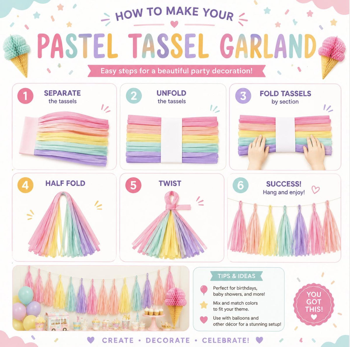 Ice Cream Party Decor Kit – Pastel Balloon Garland & Ice Cream Cone Birthday Decorations