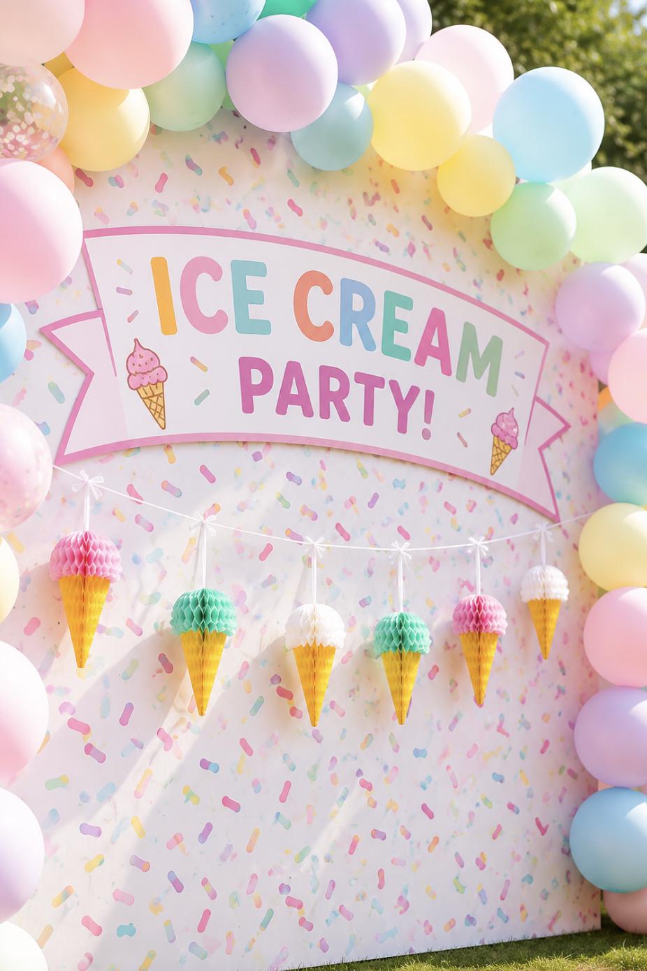 Ice Cream Party Decor Kit – Pastel Balloon Garland & Ice Cream Cone Birthday Decorations