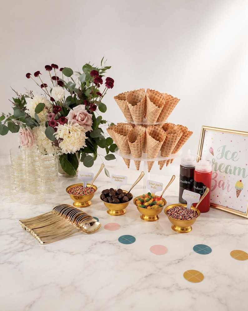 Ice cream sundae bar party setup with waffle cones, toppings, serving bowls and colorful dessert decorations