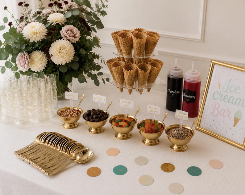 Ice cream bar party decor for baby showers, birthdays and celebrations with toppings, cones and serving supplies