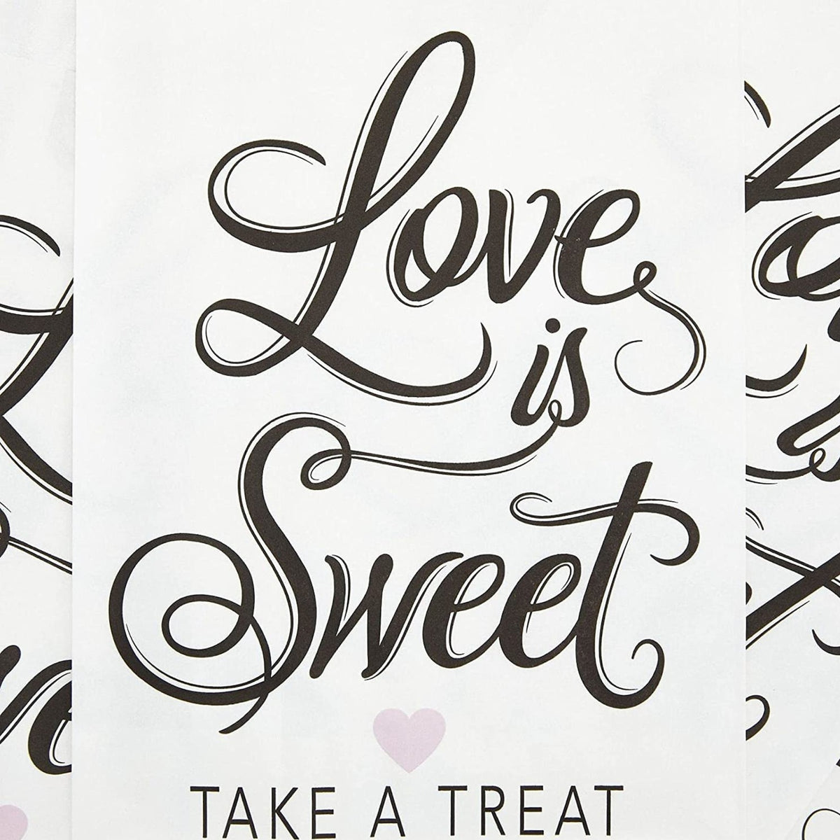 Stack of wedding treat bags with gold foil confetti/dots and black "Love is Sweet" text. Disposable favor bags.