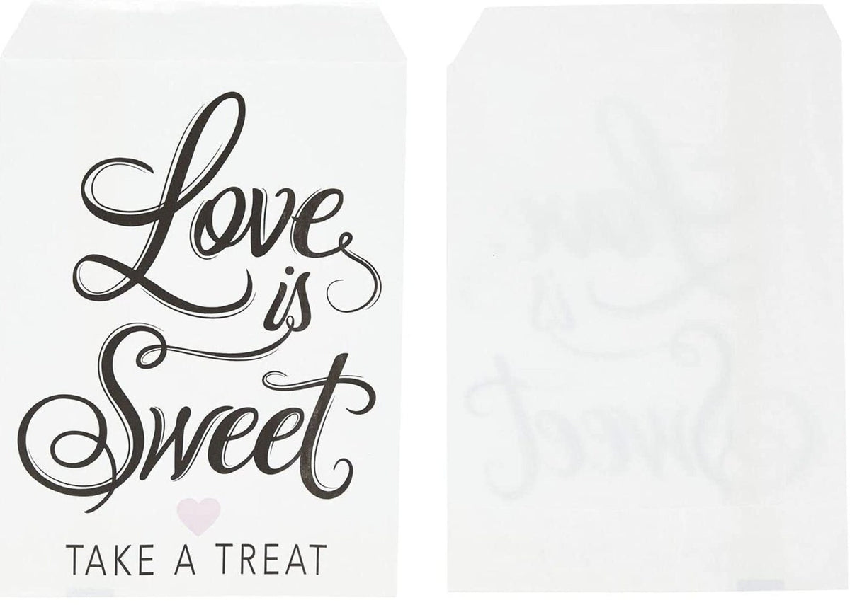 Gold foil Love is Sweet complete favor bag with desserts inside. Wedding thank you bag for guests and treats.