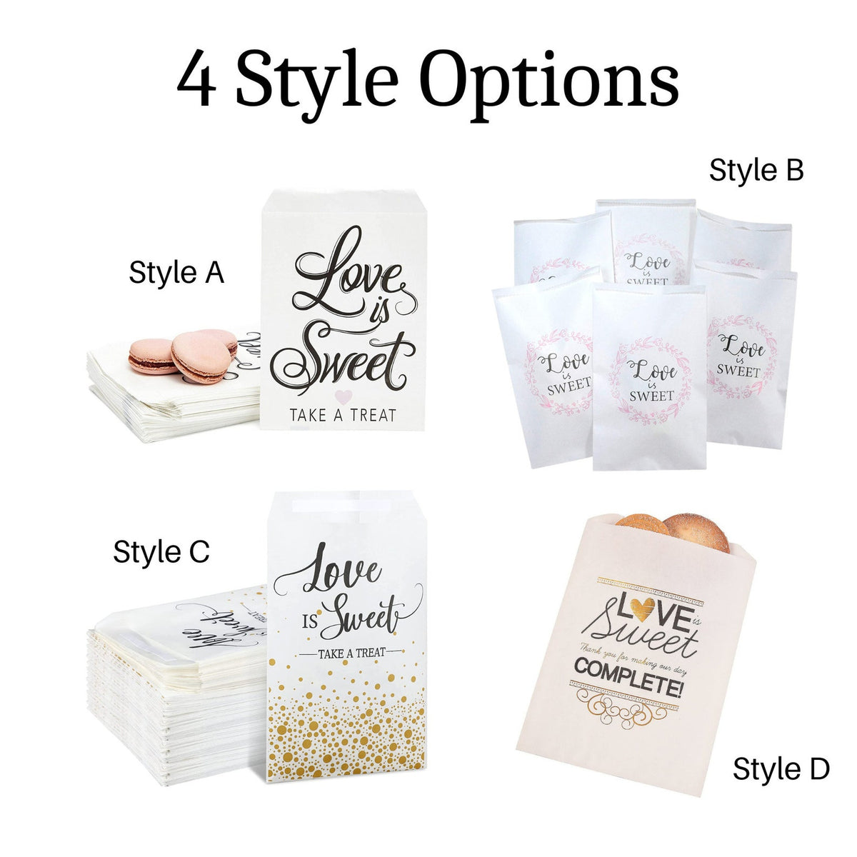 Close-up of white paper favor bags with black "Love is Sweet" calligraphy. Dessert bar treat bags.