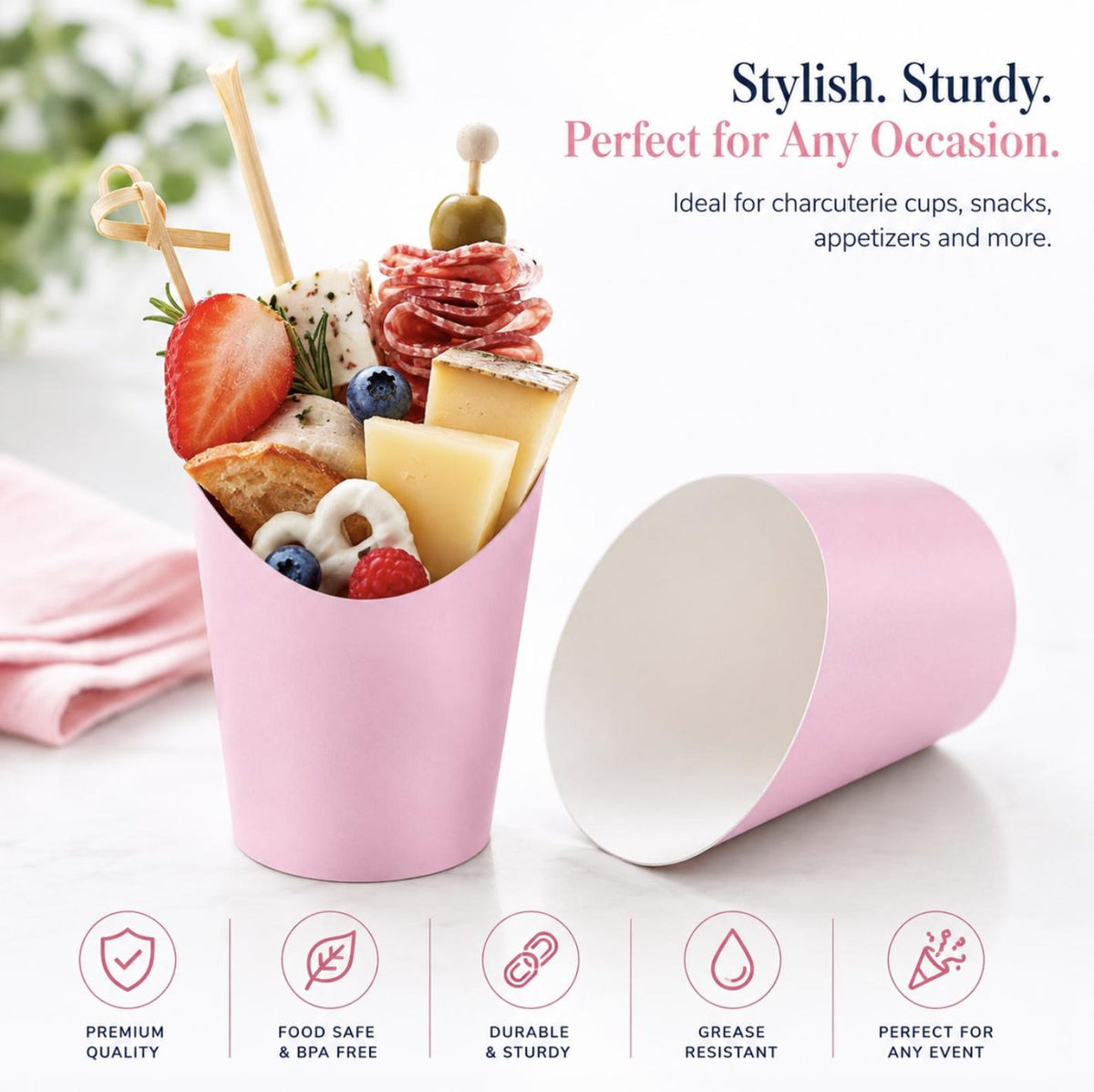 Disposable wooden charcuterie cups with various cheeses, meats, and crackers. Eco-friendly appetizer cones.