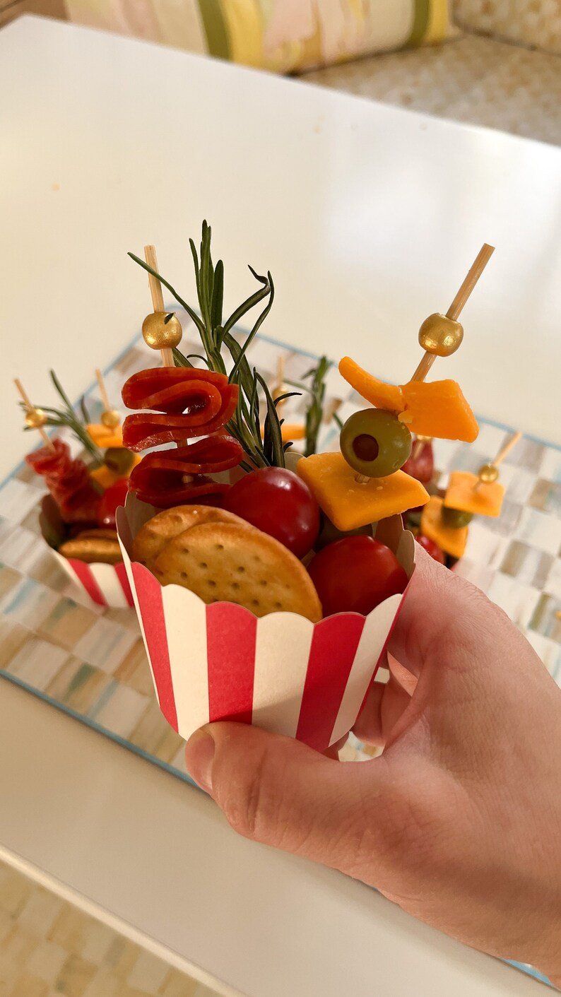 Striped Charcuterie Popcorn Favor Cups – Elegant Party & Dessert Display Cups for Weddings, Buffets & Catered Events - Pretty Party Boxx