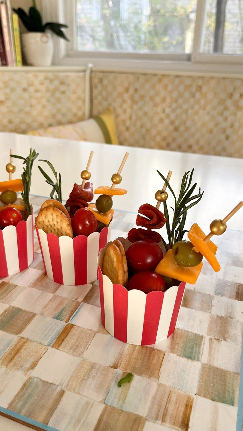 Striped Charcuterie Popcorn Favor Cups – Elegant Party & Dessert Display Cups for Weddings, Buffets & Catered Events - Pretty Party Boxx