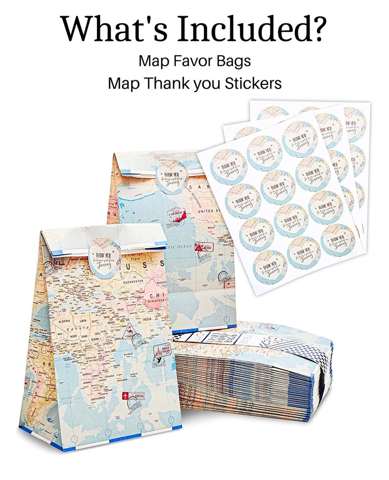 World Map Travel Themed Party Treat Bags & Stickers