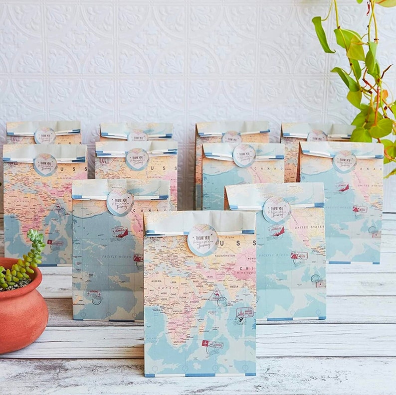 World Map Travel Themed Party Treat Bags & Stickers