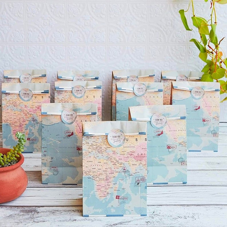 World Map Travel - Themed Party Treat Bags with Stickers – Favor Bag Set for Weddings, Showers & Destination Events - Pretty Party Boxx