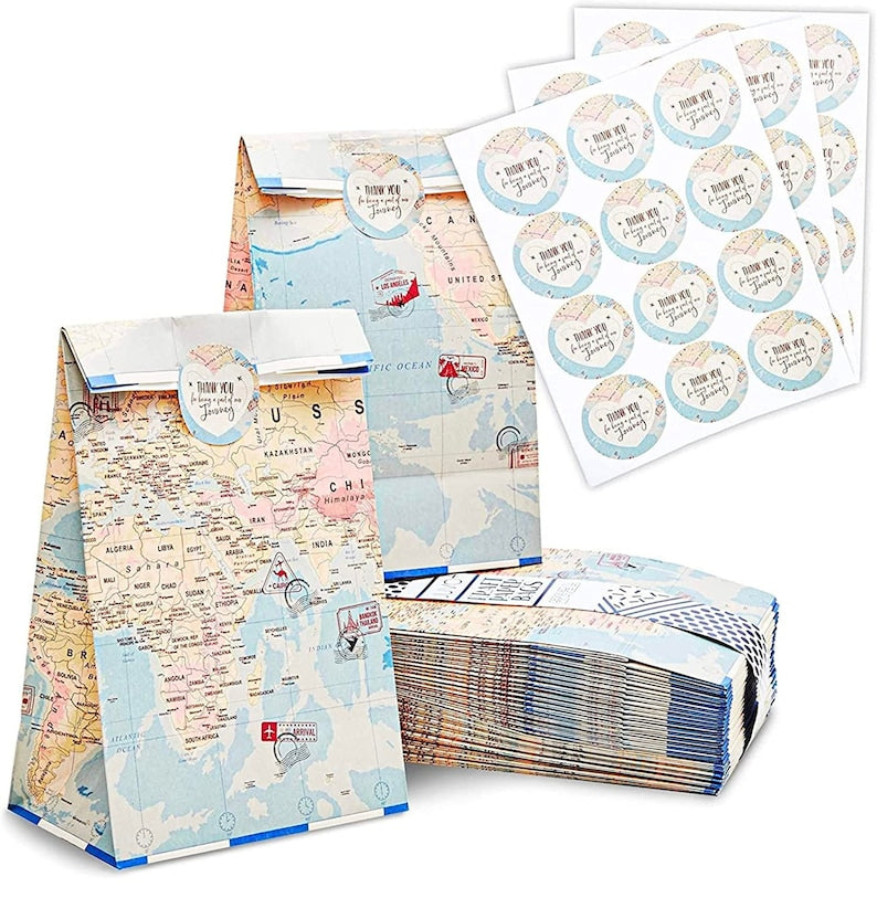 World Map Travel Themed Party Treat Bags & Stickers
