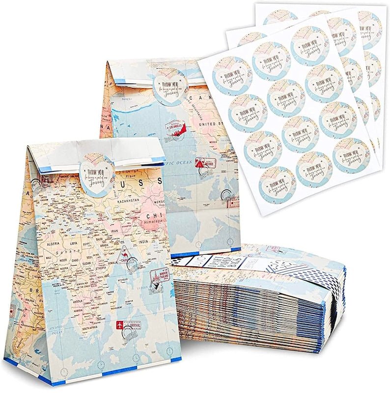 World Map Travel - Themed Party Treat Bags with Stickers – Favor Bag Set for Weddings, Showers & Destination Events - Pretty Party Boxx