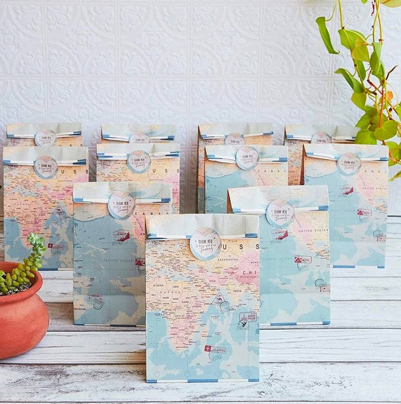 World Map Travel Themed Party Treat Bags & Stickers