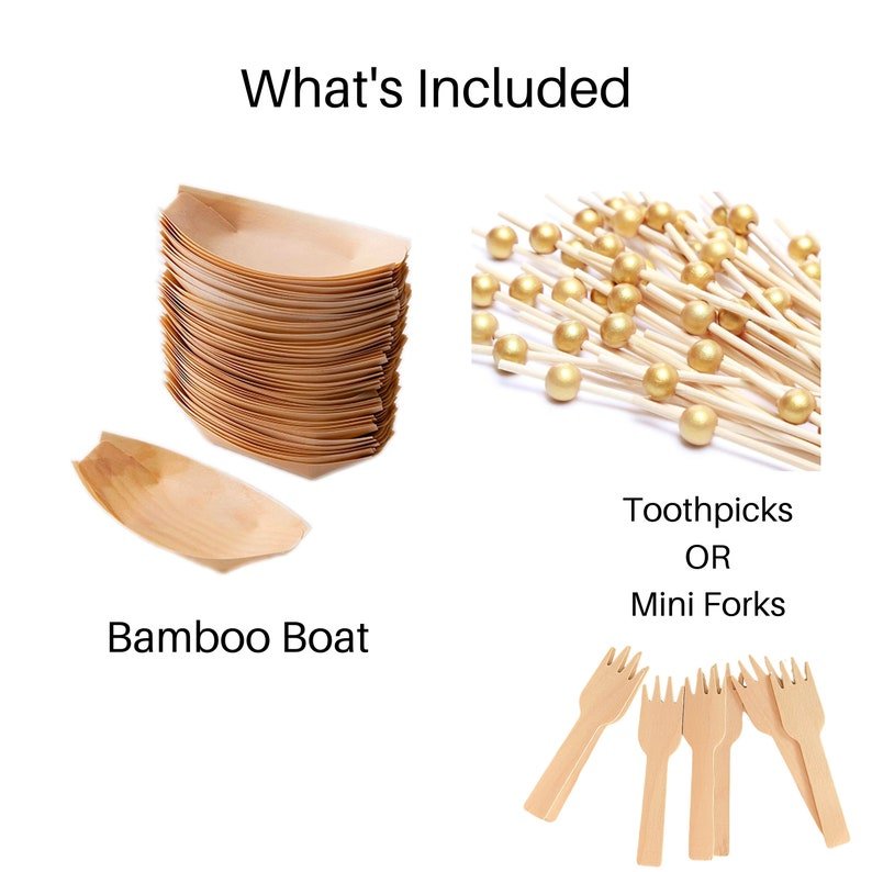 Boat - Shaped Bamboo Appetizer Plates with Mini Forks or Toothpicks – Eco - Friendly Charcuterie Serving Set for Parties, Weddings & Events - Pretty Party Boxx