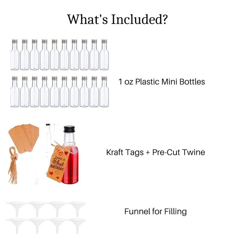 Mini Plastic Liquor or Salad Dressing Bottles – Set of 20 Reusable Containers for Parties, Catering & Events - Pretty Party Boxx