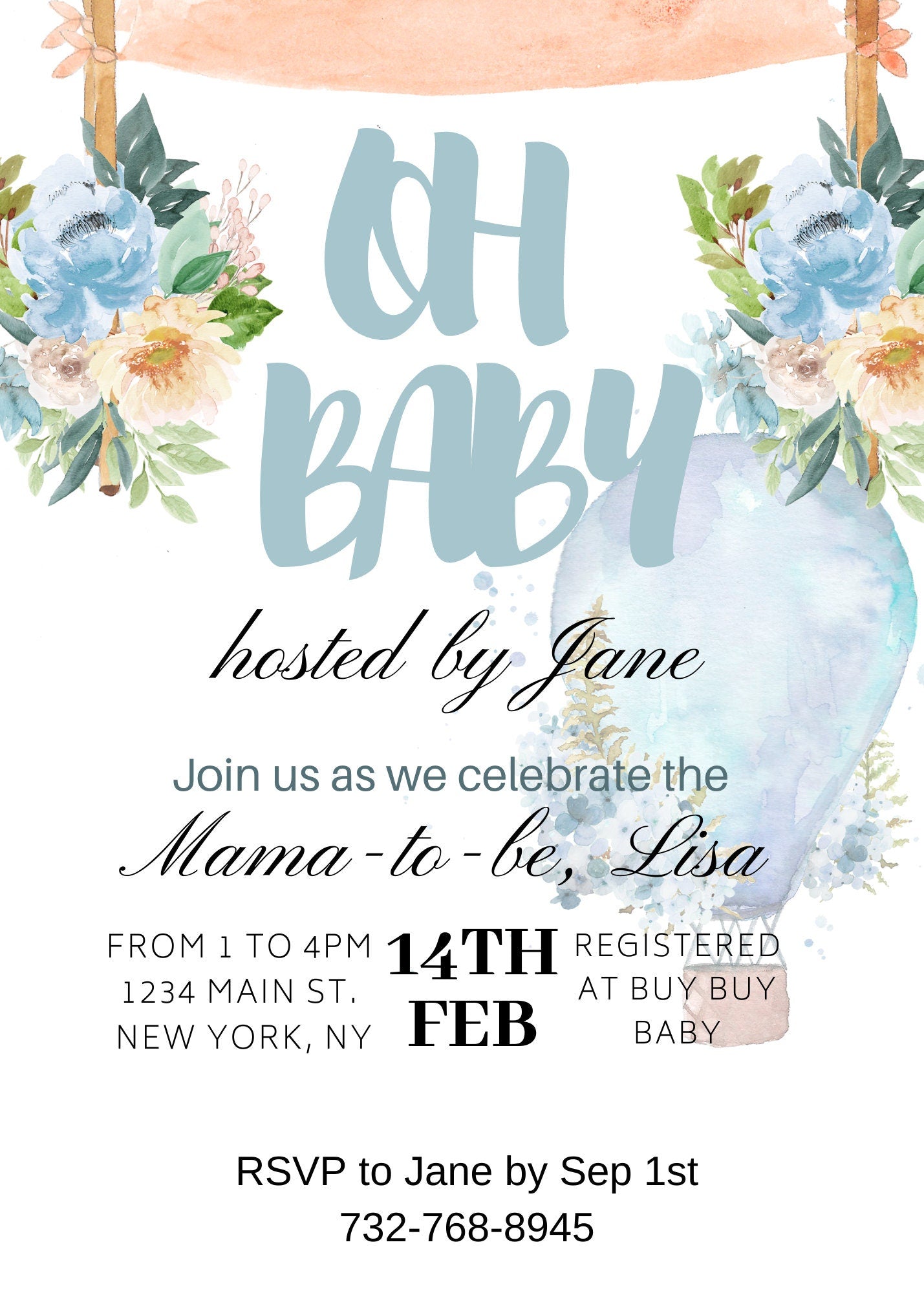 Floral Hot Air Balloon Baby Shower Invitation – Editable Canva Template (Instant Download) - Pretty Party Boxx