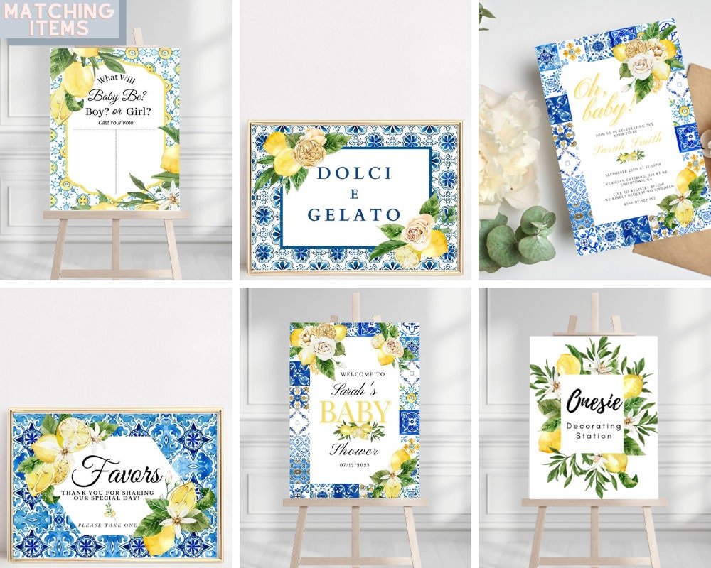 Lemon and White Rose themed "Welcome to Sarah's Baby Shower" sign with blue Italian tile design border.
