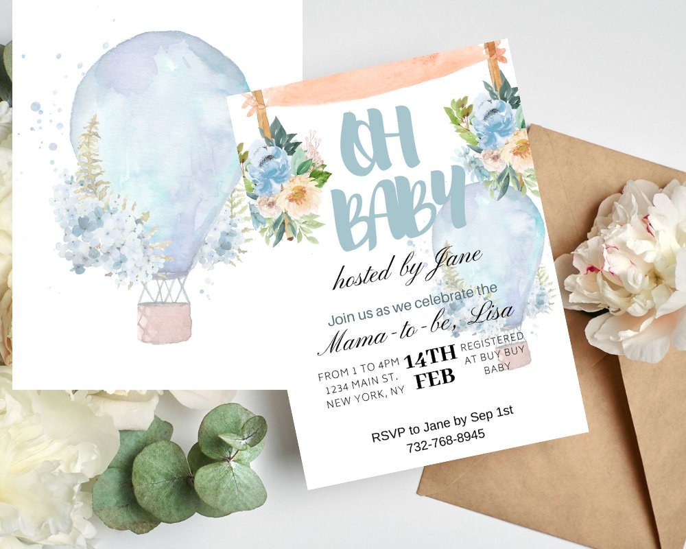 Floral Hot Air Balloon Baby Shower Invitation – Editable Canva Template (Instant Download) - Pretty Party Boxx