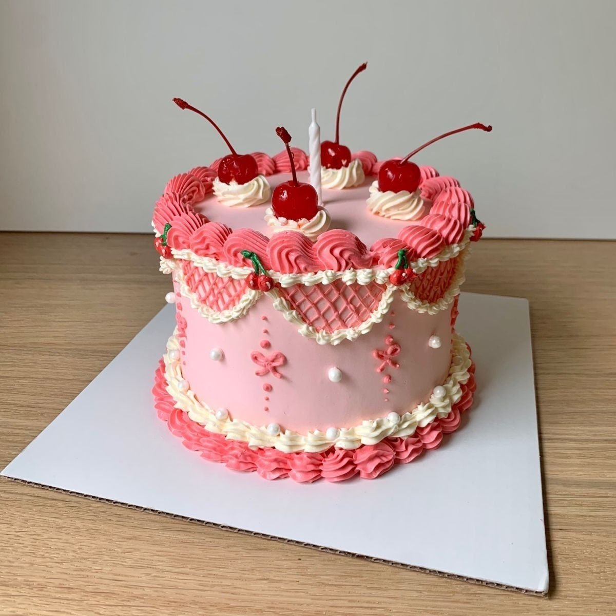 Pink vintage-style cake decorated with lifelike red faux cherries on top – perfect for dessert tables, and event décor.