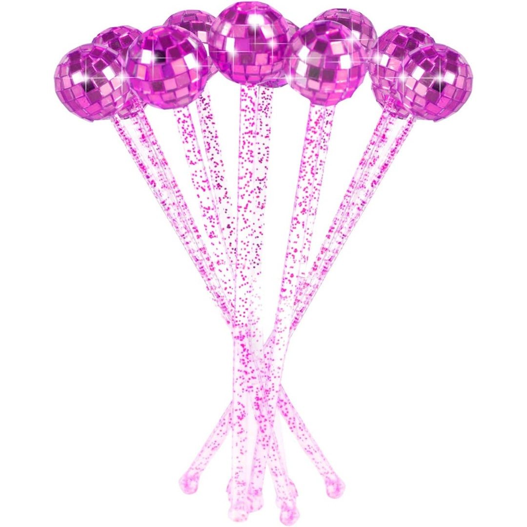 Set of 10 Disco Ball Drink Stirrers – Reusable Silver or Pink Drink Swizzle Sticks for Disco, Bachelorette & Party Cocktails - Pretty Party Boxx