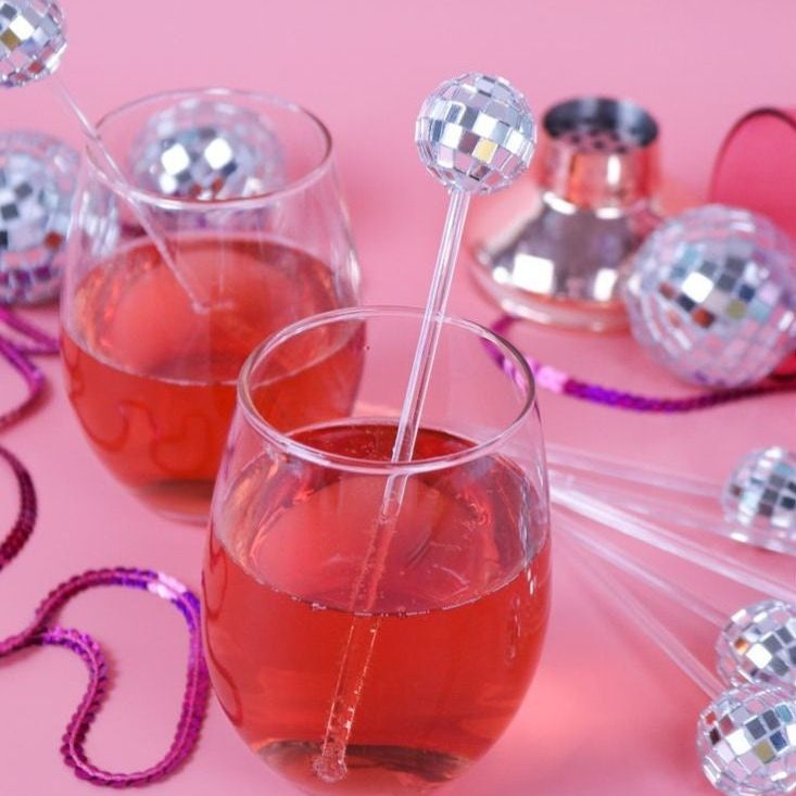 Set of 10 Disco Ball Drink Stirrers – Reusable Silver or Pink Drink Swizzle Sticks for Disco, Bachelorette & Party Cocktails - Pretty Party Boxx