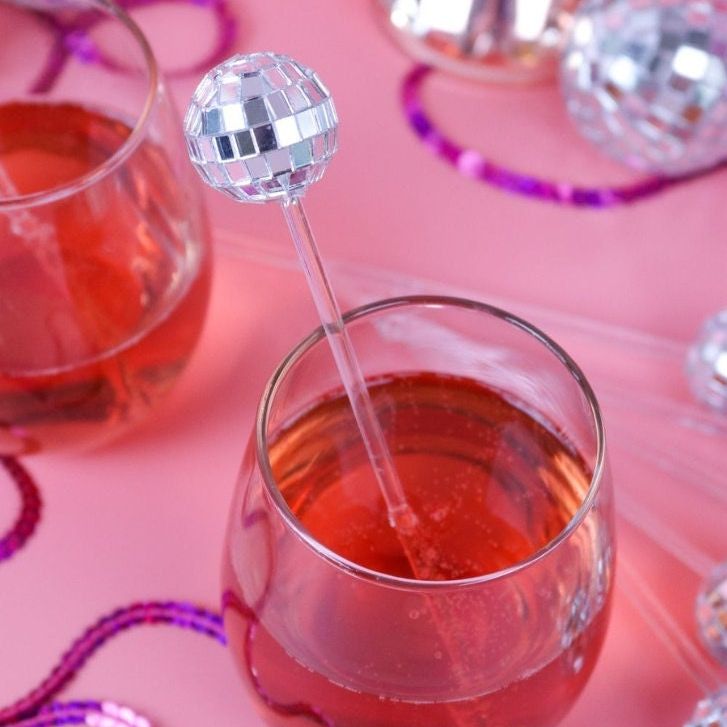 Set of 10 Disco Ball Drink Stirrers – Reusable Silver or Pink Drink Swizzle Sticks for Disco, Bachelorette & Party Cocktails - Pretty Party Boxx