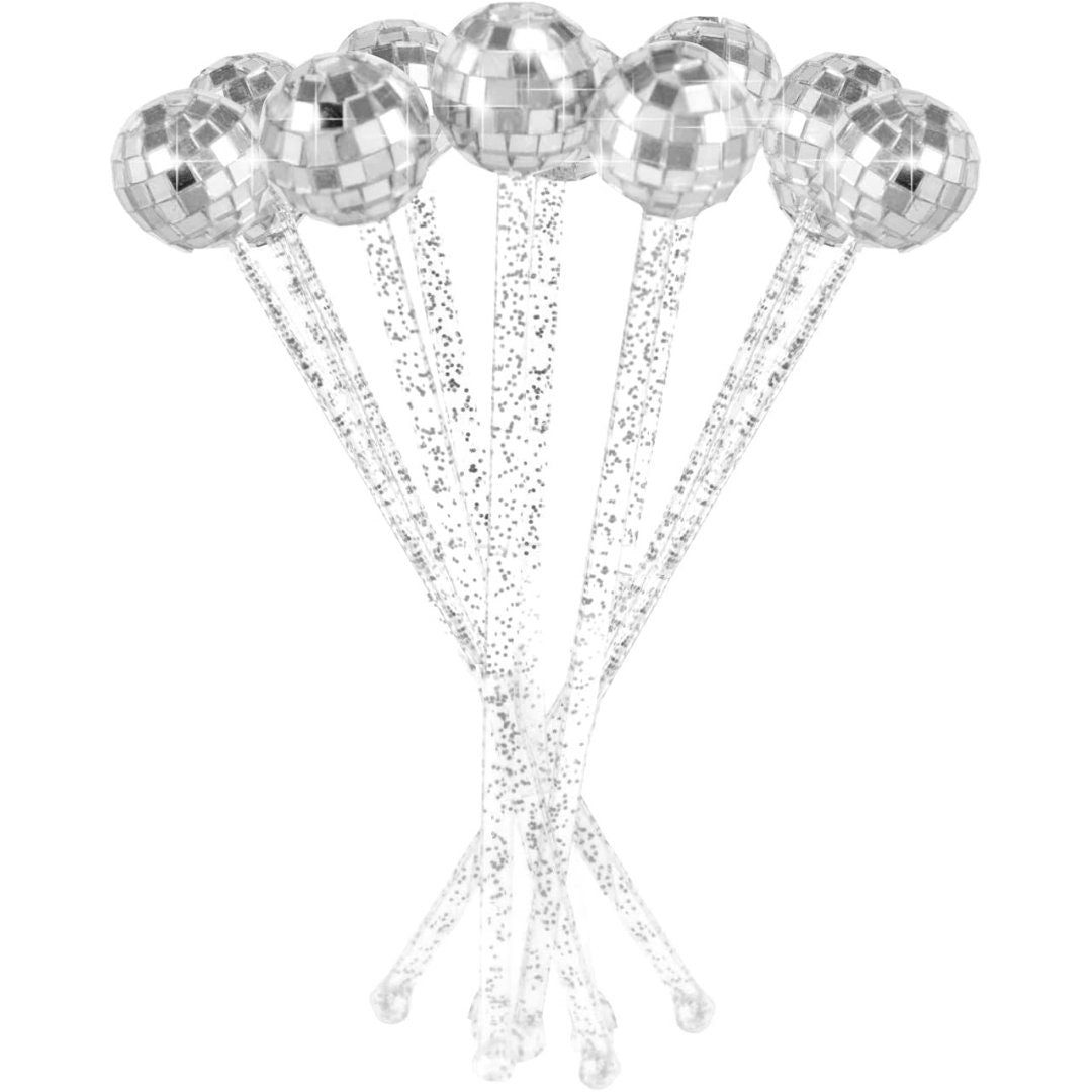 Set of 10 Disco Ball Drink Stirrers – Reusable Silver or Pink Drink Swizzle Sticks for Disco, Bachelorette & Party Cocktails - Pretty Party Boxx