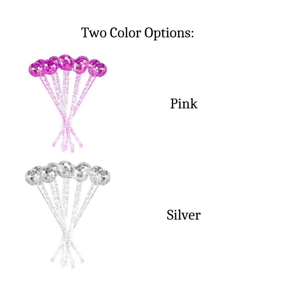 Set of 10 Disco Ball Drink Stirrers – Reusable Silver or Pink Drink Swizzle Sticks for Disco, Bachelorette & Party Cocktails - Pretty Party Boxx