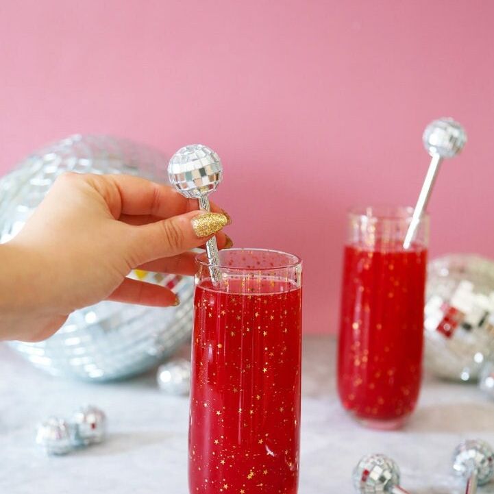 Set of 10 Disco Ball Drink Stirrers – Reusable Silver or Pink Drink Swizzle Sticks for Disco, Bachelorette & Party Cocktails - Pretty Party Boxx