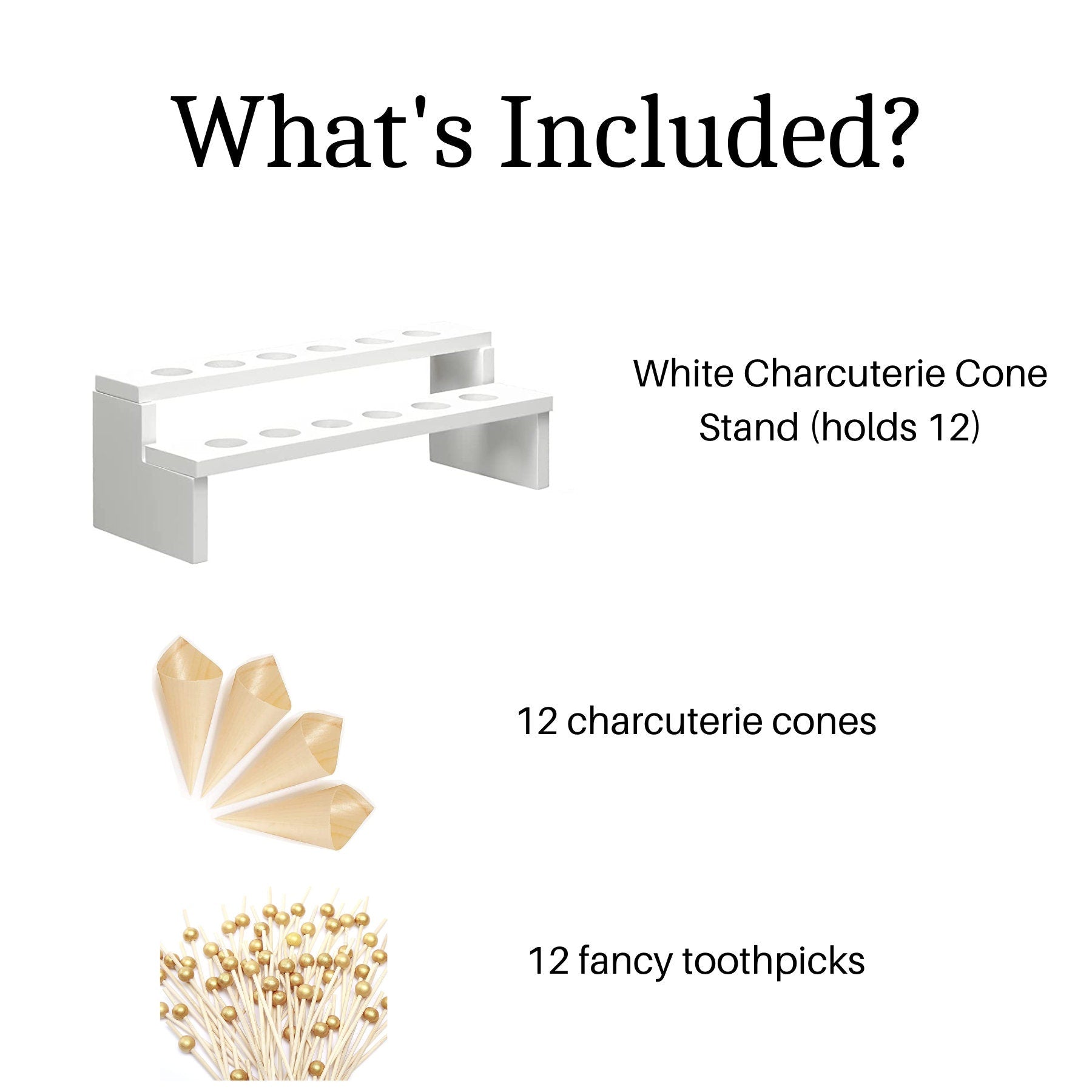 White Wooden Charcuterie Stand Holder with Cones & Toothpicks – Grazing Table Display for Appetizers, Desserts & Party Stations. - Pretty Party Boxx