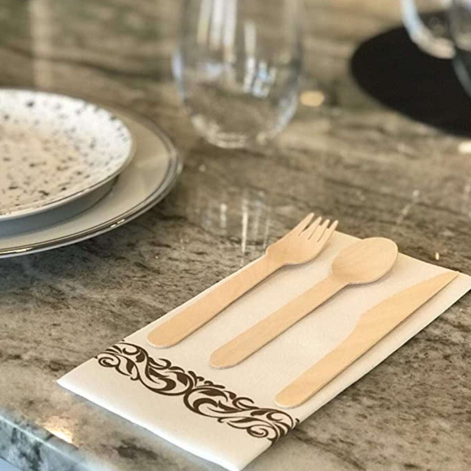 Wooden Disposable Forks Spoons Knives Utensil Set – Eco - Friendly Bamboo Cutlery for Charcuterie, Dinner Parties & Events - Pretty Party Boxx