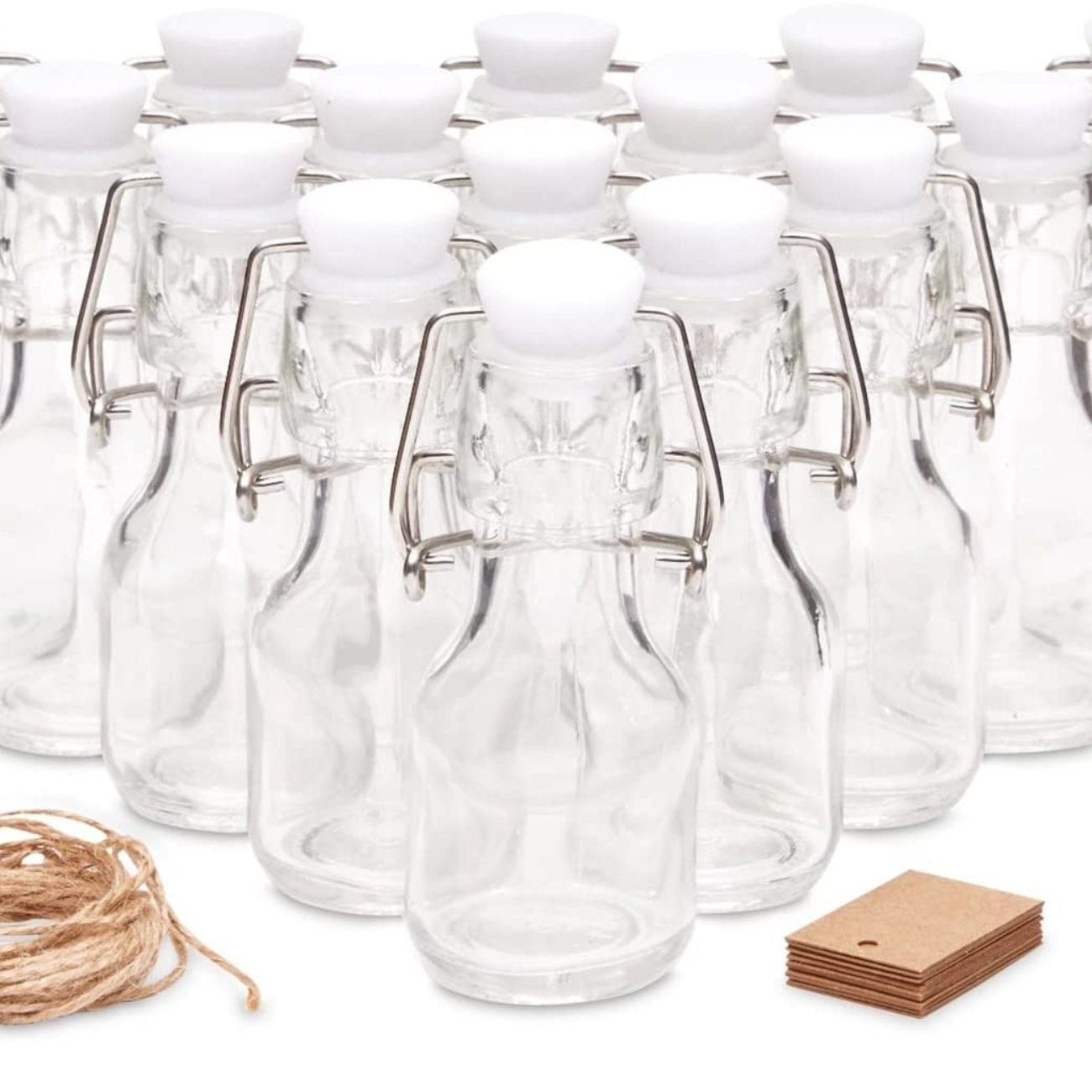 DIY Mini Swing Top Glass Favor Bottle Kit – 2oz Flip Top Bottles with Kraft Tags & Twine for Weddings, Showers & Crafts