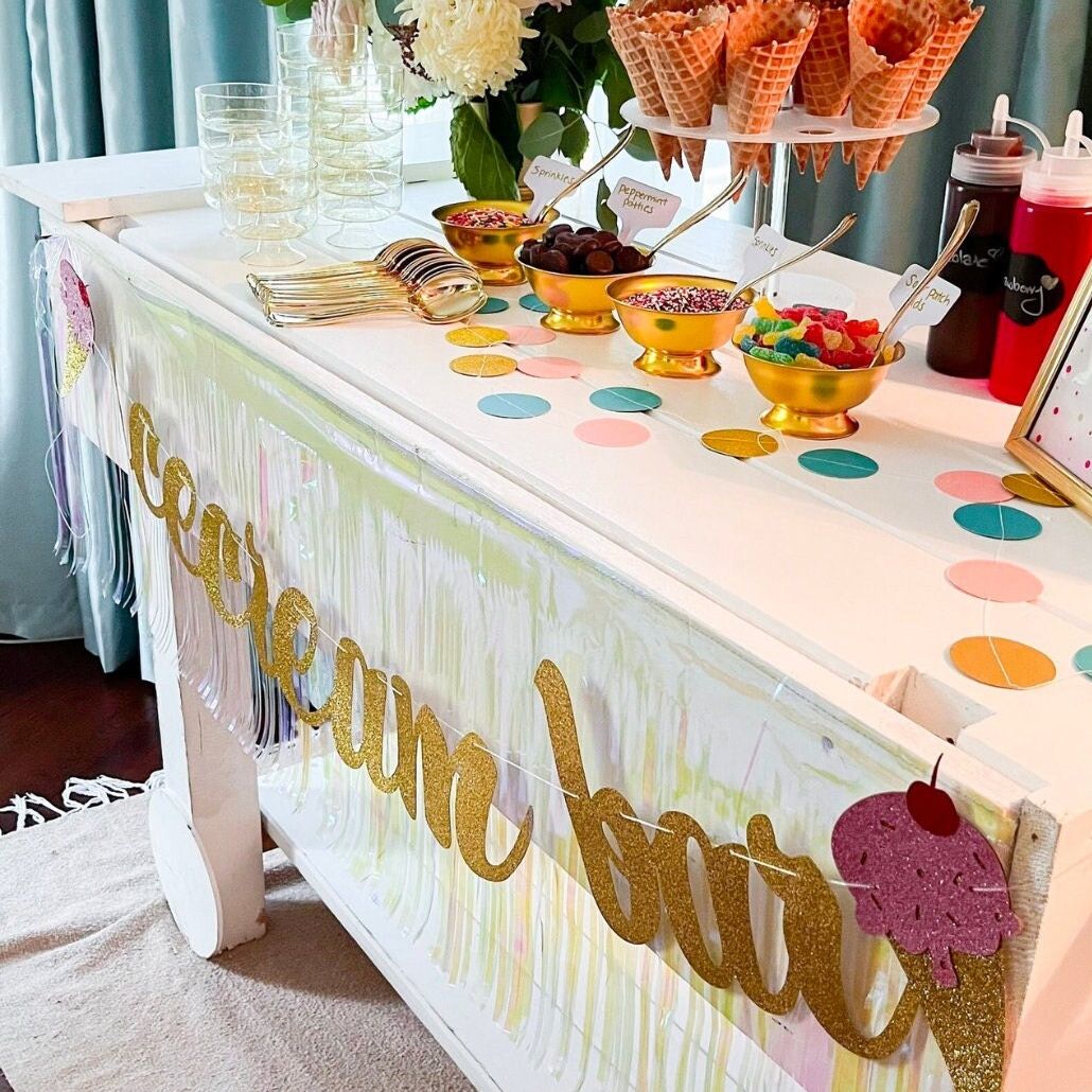 DIY Ice Cream Bar Decor Kit – Full Party Table Setup for 24 Guests with Bowls, Signage & Accessories for Weddings, Showers & Birthdays - Pretty Party Boxx