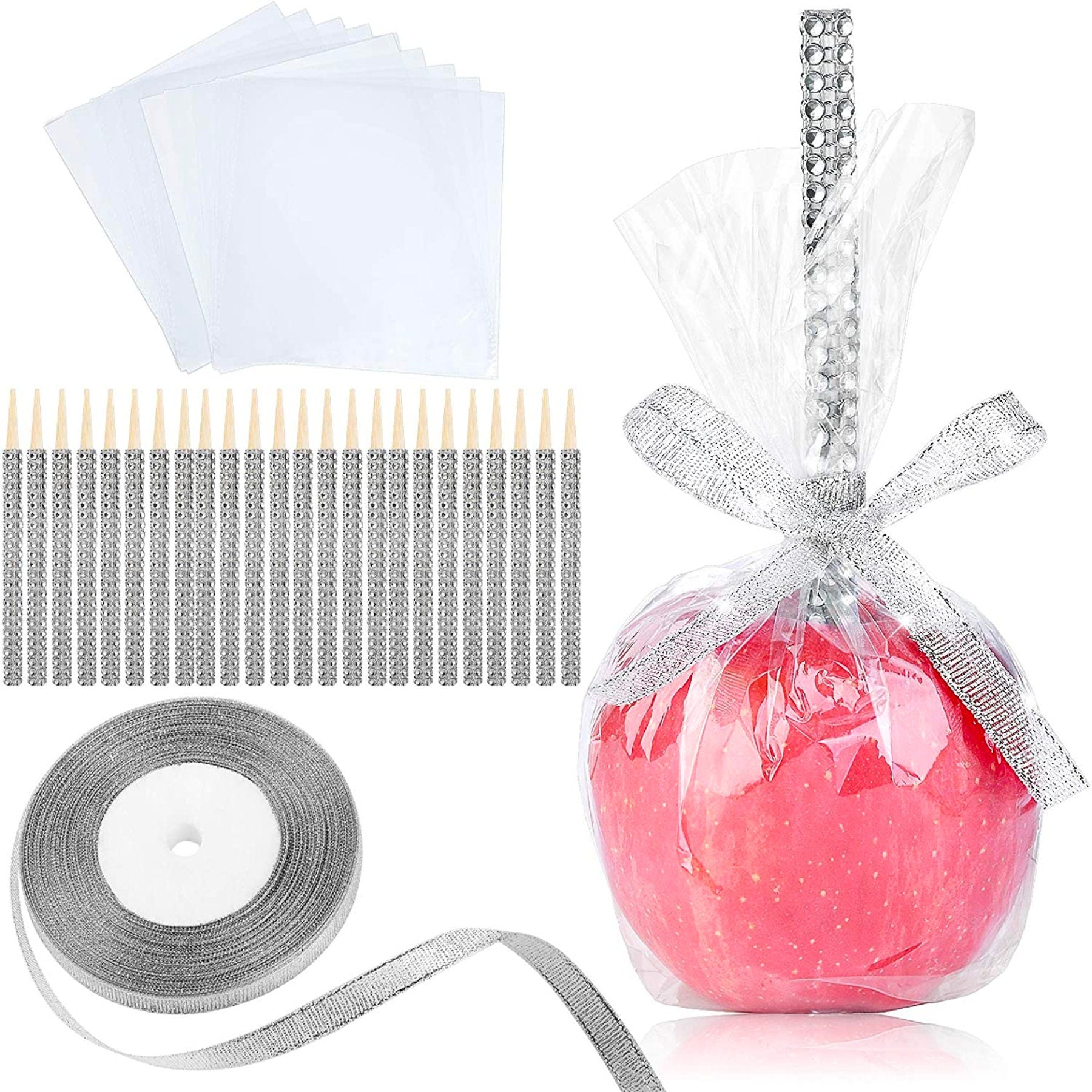 DIY Candy Apple Making Stick Kit Set of 24 – Bling Skewers with Ribbon & Favor Bags for Candy Apples, Cake Pops & Dessert Favors - Pretty Party Boxx