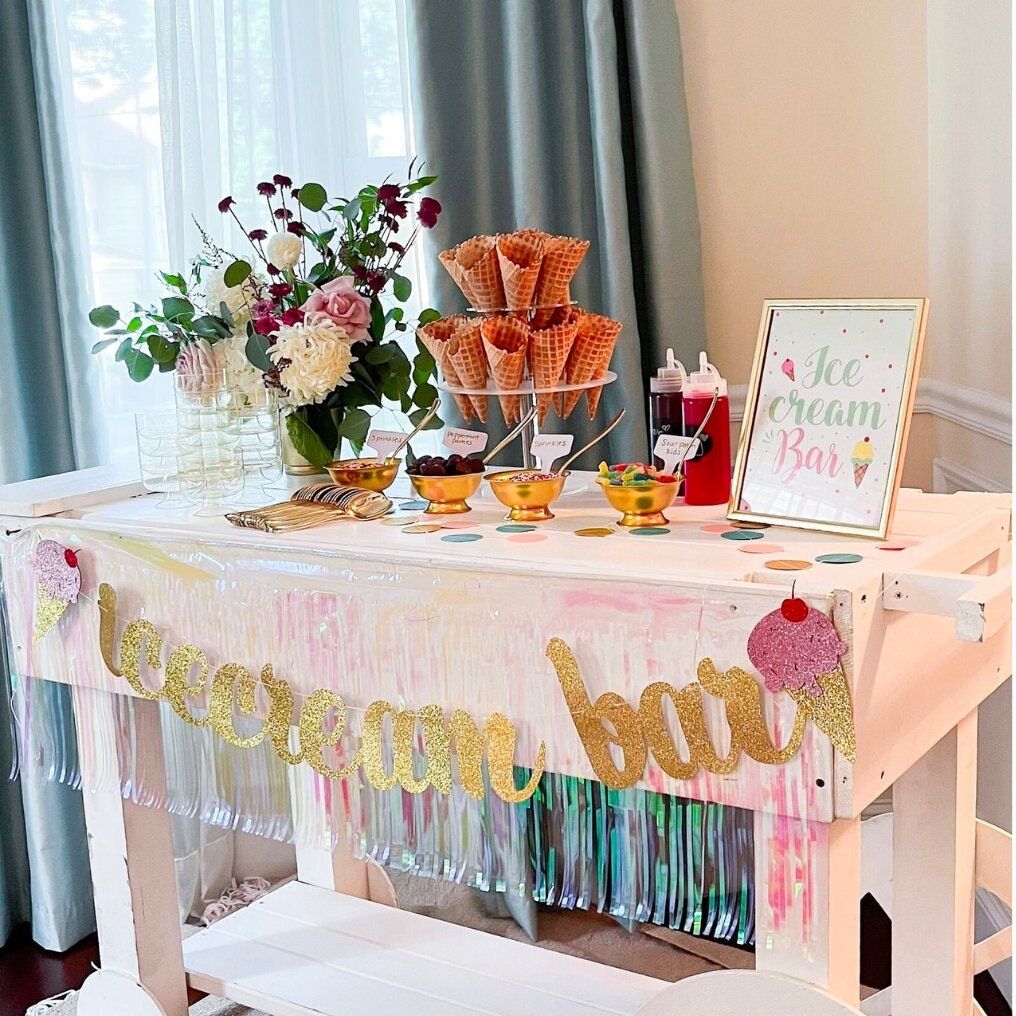 DIY Ice Cream Bar Decor Kit – Full Party Table Setup for 24 Guests with Bowls, Signage & Accessories for Weddings, Showers & Birthdays - Pretty Party Boxx