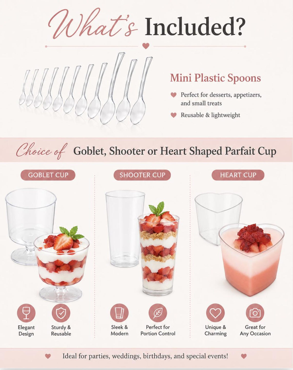 Individual parfait cups with mini spoons for elegant dessert tables, birthdays and party catering