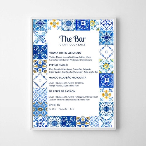 Italian Lemon Cocktail Bar Sign – Blue Tile Amalfi Coast Shower Decor, Editable Printable