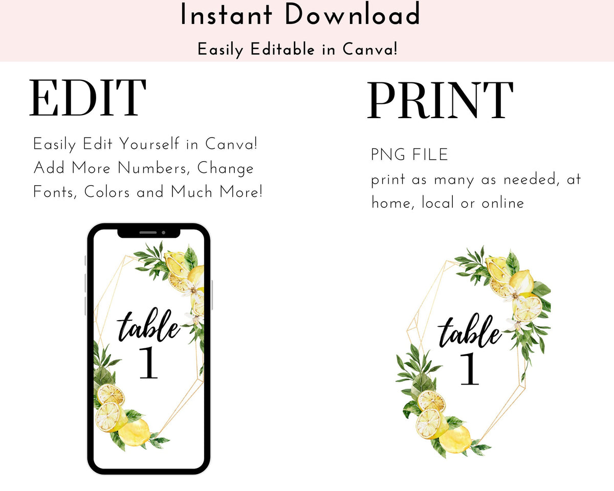 Italian Lemon Themed Table Numbers 1–6 – Printable Wedding, Bridal & Baby Shower Decor (Instant Download) - Pretty Party Boxx
