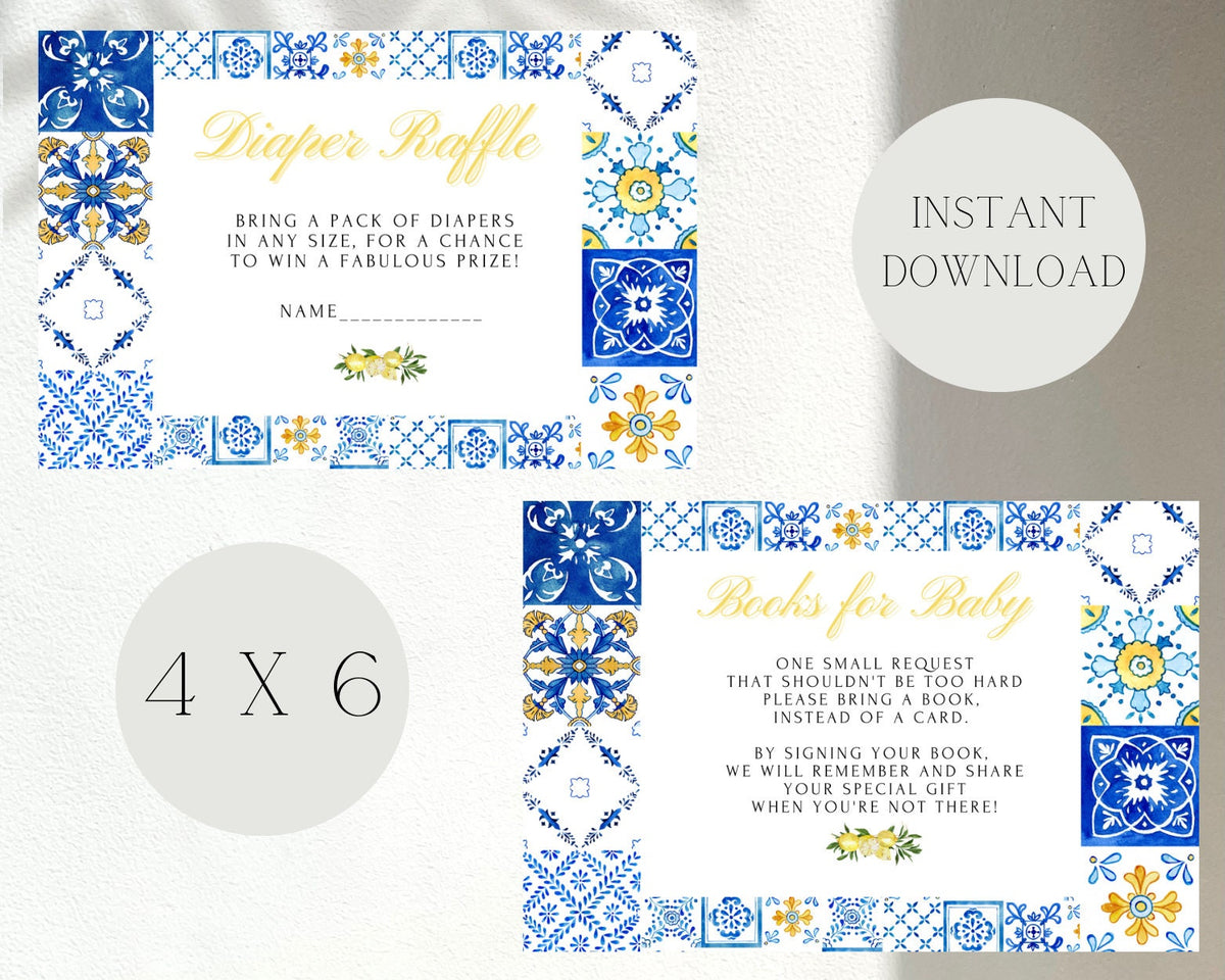 Lemon Baby Shower Invitation & Books for Baby Insert – Italian Blue Tile Printable Template