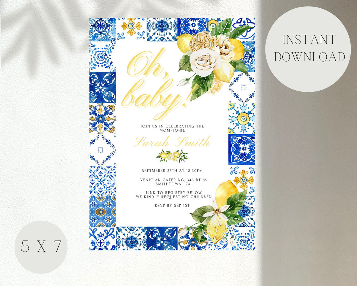 Lemon Baby Shower Invitation & Books for Baby Insert – Italian Blue Tile Printable Template