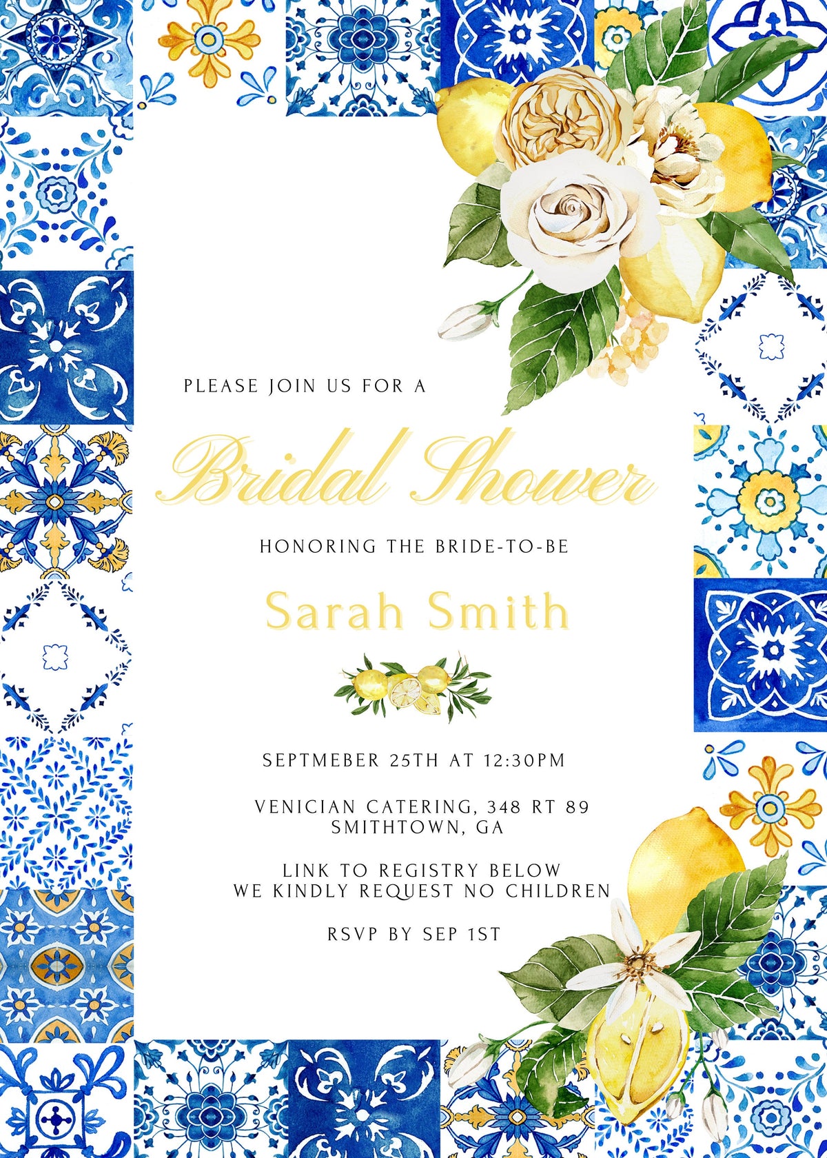 Lemon Bridal Shower Invitation – Italian Blue Tile Positano Theme, Editable Printable Template
