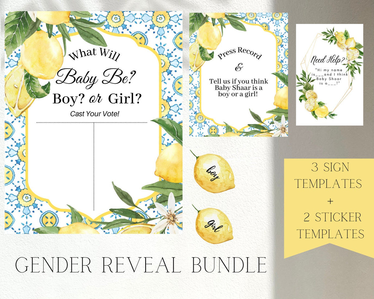 Lemon Gender Reveal Bundle – Voting Sign, Press Record Sign & Stickers, Printable