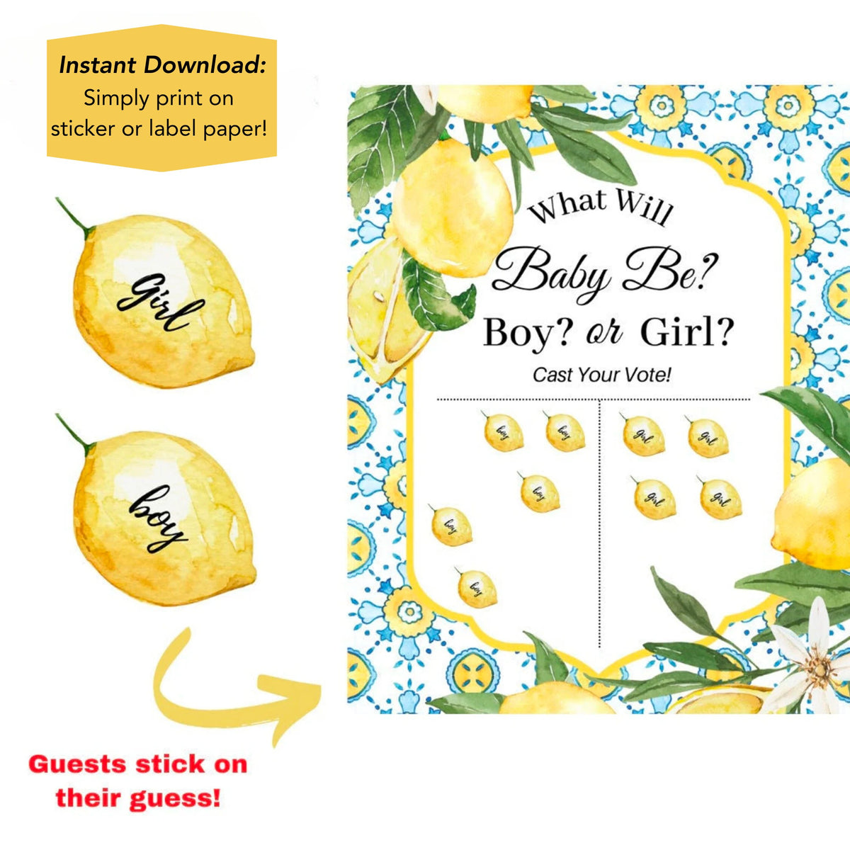 Lemon Gender Reveal Bundle – Voting Sign, Press Record Sign & Stickers, Printable